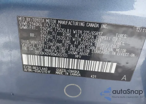 2011 Toyota Rav4 Limited V6 from USA, damaged, VIN 2T3DK4DV8BW065105